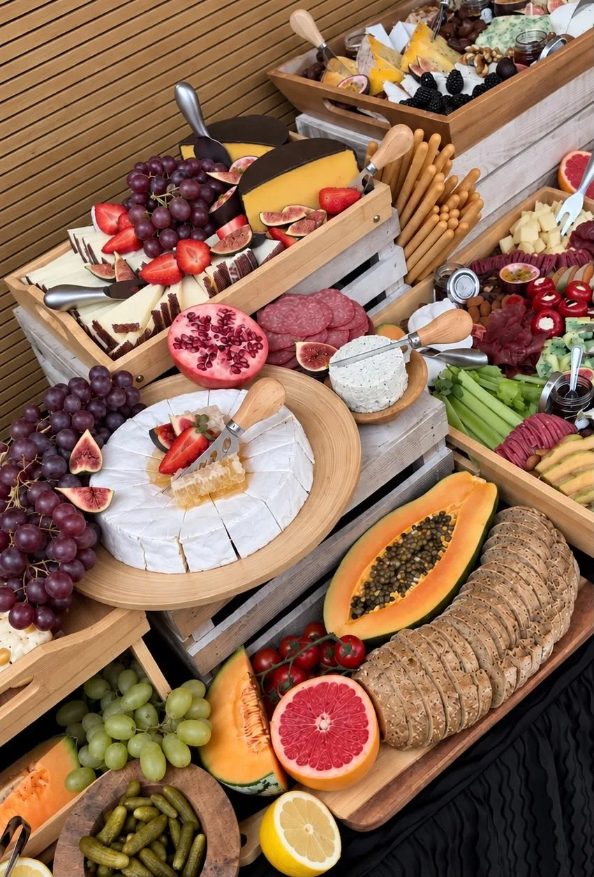 Cheese boards with brie, grapes, figs, breads and crackers